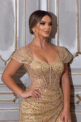 Chic Champagne Mermaid Sweetheart Cap Sleeves Sequined Ruffle Long Tulle Evening Dress With High Slit